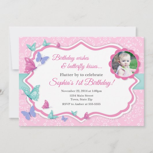 Invitation d'anniversaire papillon 1er anniversair (Devant)