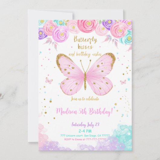 Invitation d'anniversaire papillon 5 ans aquarelle (Devant)