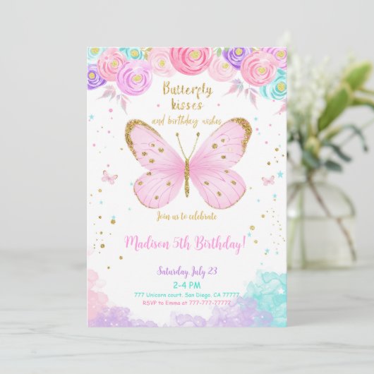 Invitation d'anniversaire papillon 5 ans aquarelle (Debout devant)