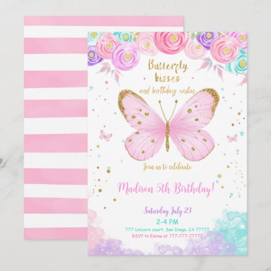 Invitation d'anniversaire papillon aquarelle 5 ans (Devant / Derrière)