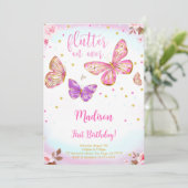 Invitation d'anniversaire papillon aquarelle rose (Debout devant)