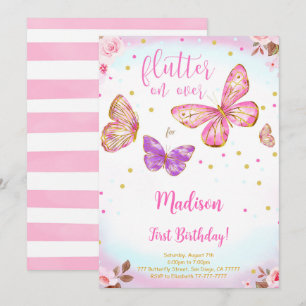 Invitation d'anniversaire papillon aquarelle rose