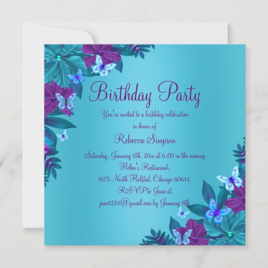 Invitation d'anniversaire Papillon Bleu Clair et V (Devant)