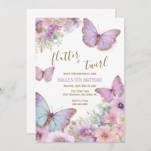 Invitation d'anniversaire papillon, fille flutter (Devant / Derrière)