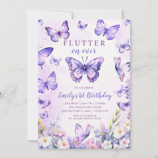 Invitation d'anniversaire papillon floral (Devant)