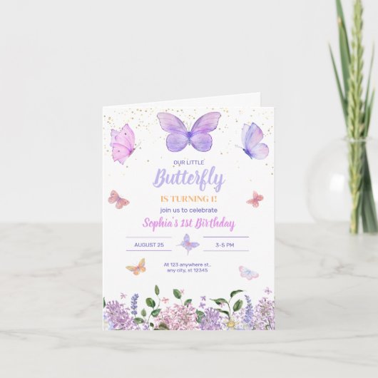 Invitation d'anniversaire Papillon, Jardin de fleu (Devant)