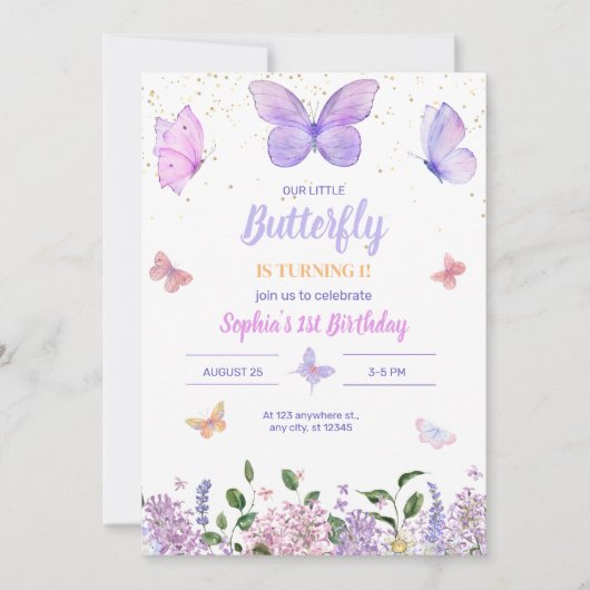 Invitation d'anniversaire papillon, Jardin Fleur s (Devant)
