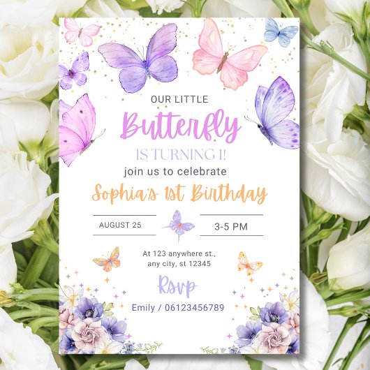 Invitation d'anniversaire papillon, Jardin Fleur s