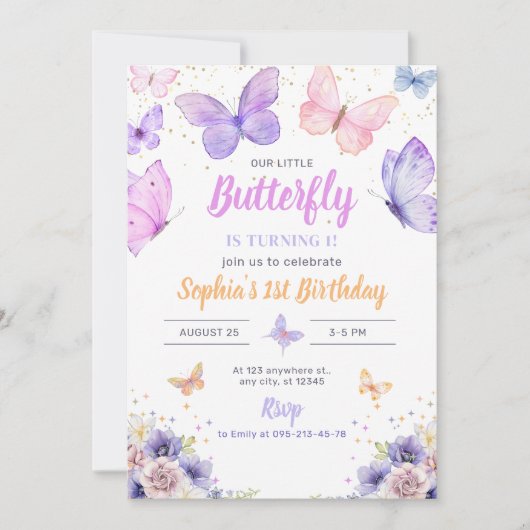 Invitation d'anniversaire papillon, Jardin Fleur s (Devant)