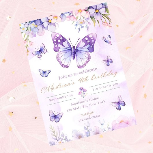 Invitation d'anniversaire papillon modifiable viol