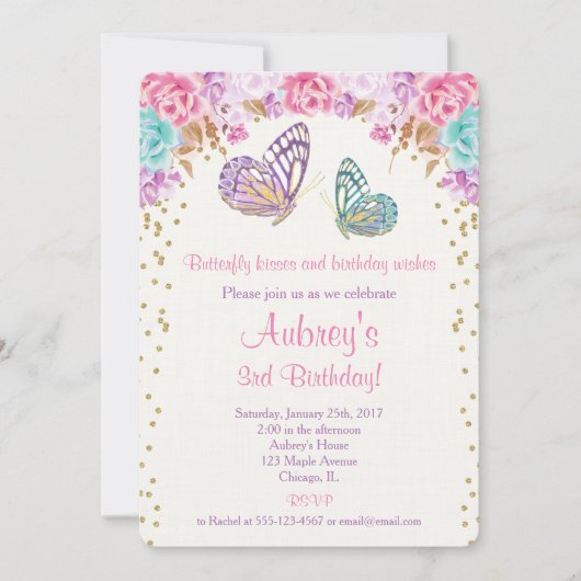 Invitation d'anniversaire papillon, or rose violet (Devant)