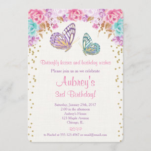 Invitation d'anniversaire papillon, or rose violet
