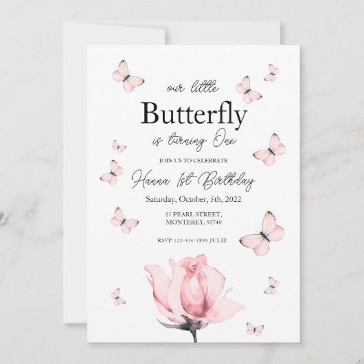 Invitation d'anniversaire papillon rose premier an (Devant)