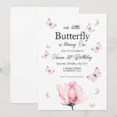 Invitation d'anniversaire papillon rose premier an (Devant / Derrière)