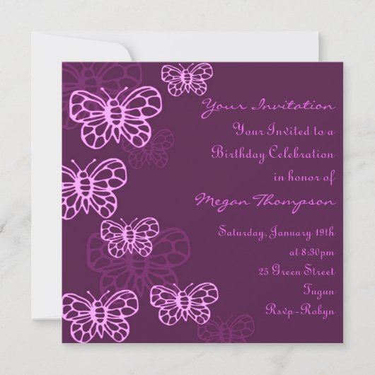 Invitation d'anniversaire Papillon Rose & Violet (Devant)