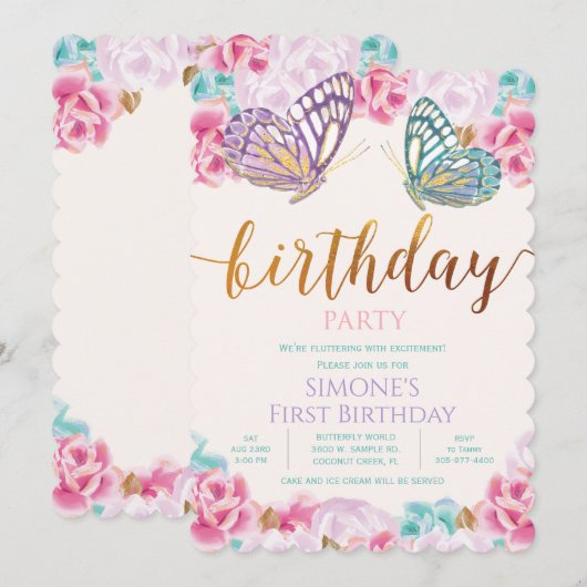 Invitation d'anniversaire papillon TOUT ÂGE (Devant / Derrière)