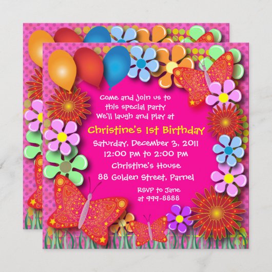 Invitation d'anniversaire : papillons 003B et (Devant / Derrière)