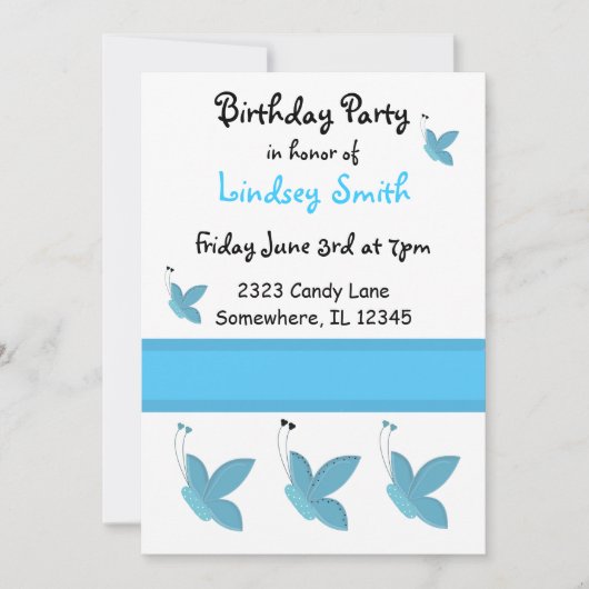 Invitation d'anniversaire Papillons Bleus (Devant)