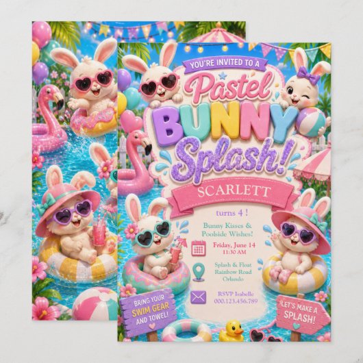 Invitation d'anniversaire Pastel Bunny Splash - Fê (Devant / Derrière)