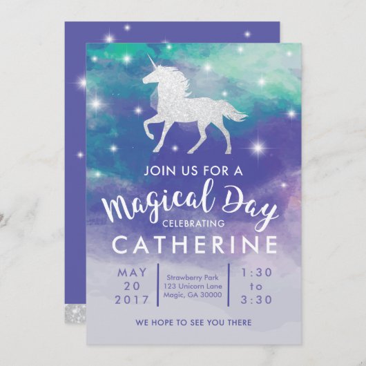 Invitation d'anniversaire Pastel Unicorn (Devant / Derrière)