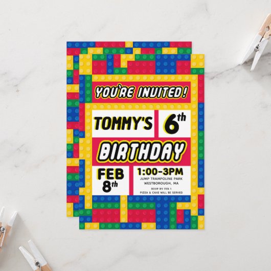Invitation d'anniversaire personnalisable Brick Bu (Devant/Arrière en situation)