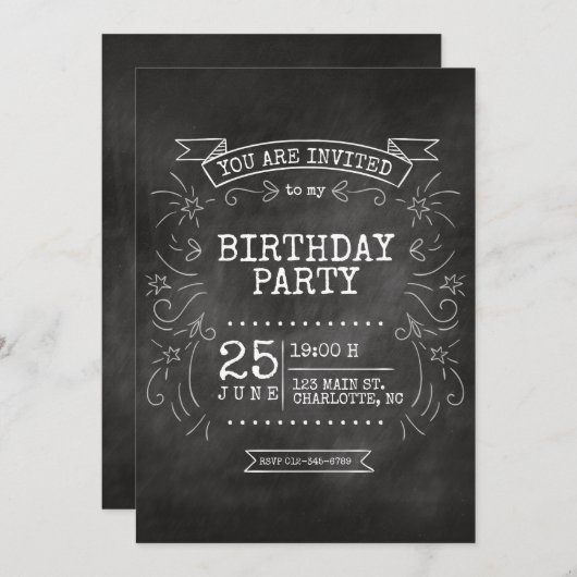 Invitation d'anniversaire personnalisable Chalkboa (Devant / Derrière)