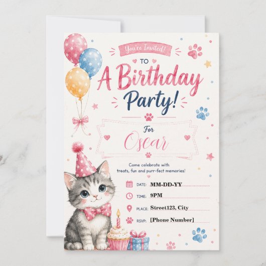 Invitation d'anniversaire personnalisable de chat (Devant)