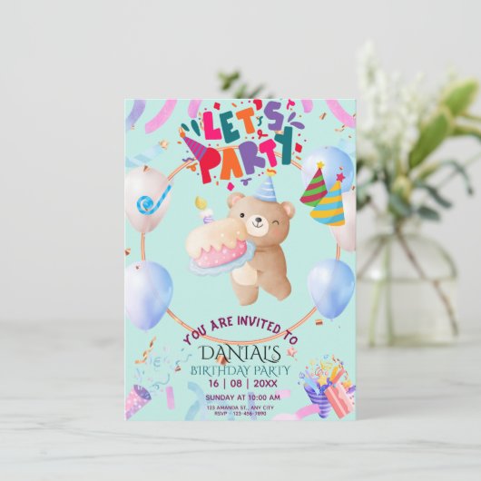 Invitation d'anniversaire personnalisée Ourson Mig (Debout devant)