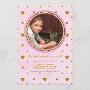 Invitation d'anniversaire photo avec cœurs dorés