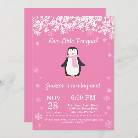 Invitation d'anniversaire Pingouin Winter Pink (Devant / Derrière)