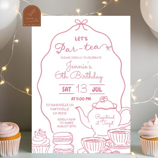 Invitation d'anniversaire Pink Bow Hand Doodle Let