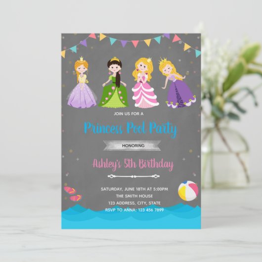Invitation d'anniversaire piscine princesse (Debout devant)