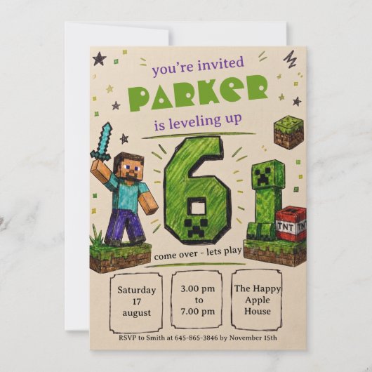 Invitation d'anniversaire Pixel Block (Devant)