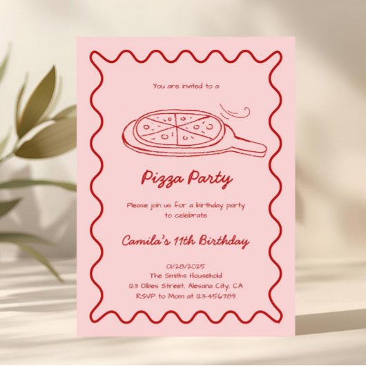 Invitation d'anniversaire pizza dessinée à la main