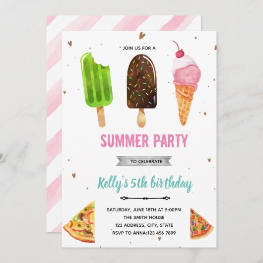 Invitation d'anniversaire pizza et glace (Devant / Derrière)