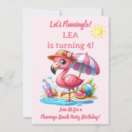 Invitation d'anniversaire Plage Flamant Rose Faiso (Devant)