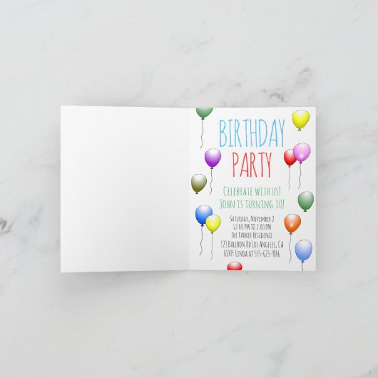 Invitation d'anniversaire pliée avec ballons (Intérieur)
