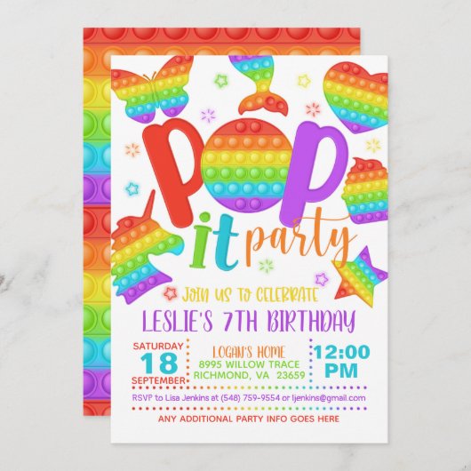 Invitation d'anniversaire Pop It - Arc en ciel (Devant / Derrière)