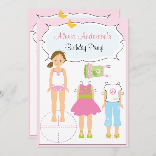 Invitation d'anniversaire - poupée papier (Devant / Derrière)