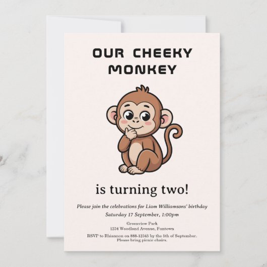 Invitation d'anniversaire pour 2 ans de Singe effr (Devant)