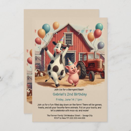 Invitation d'anniversaire pour animaux de Barnyard (Devant / Derrière)