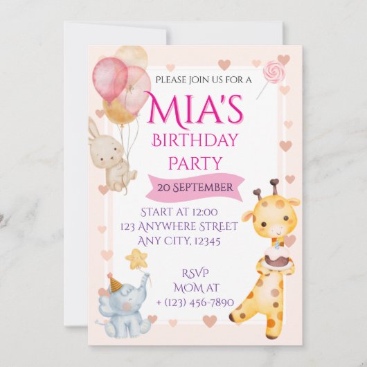 Invitation d'anniversaire pour bébé animaux à l'aq (Devant)