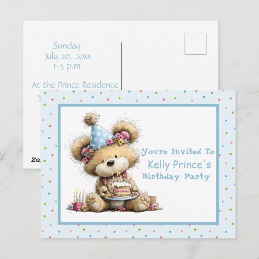Invitation d'anniversaire pour bébé fille ours en (Devant / Derrière)