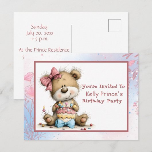 Invitation d'anniversaire pour bébé fille ours en (Devant / Derrière)