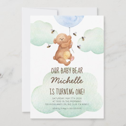 Invitation d'anniversaire pour bébé ours Teddy Bea (Devant)