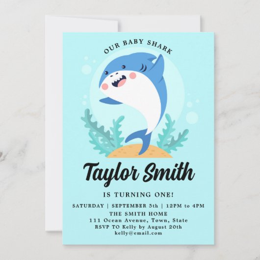 Invitation d'anniversaire pour bébé requin mignon (Devant)