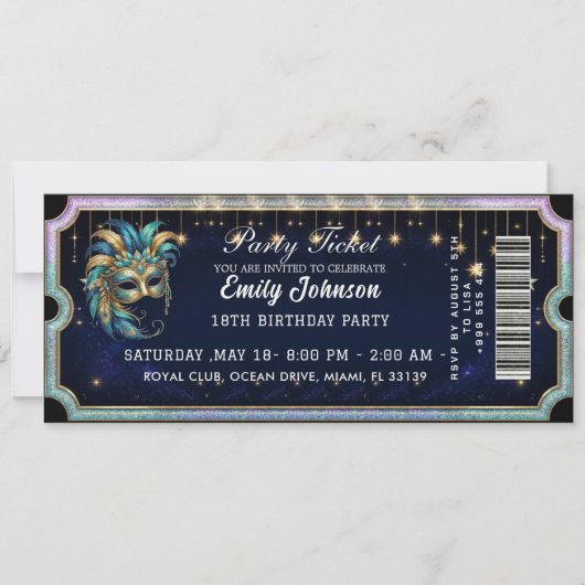 Invitation d'anniversaire pour billet de bal masqu (Devant)