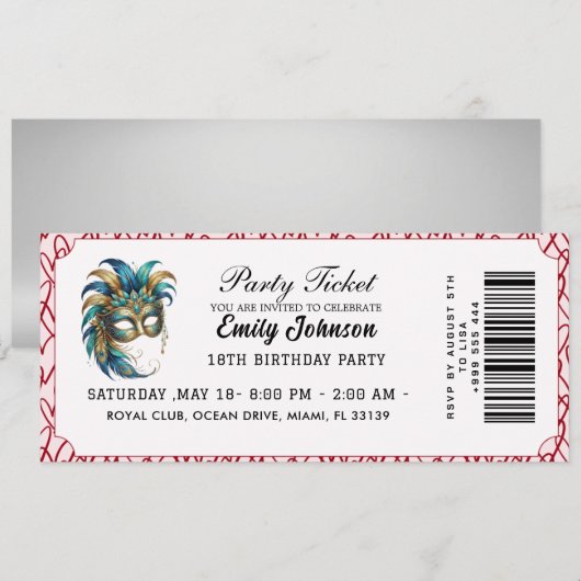 Invitation d'anniversaire pour billet de bal masqu (Devant / Derrière)