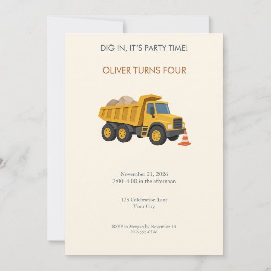 Invitation d'anniversaire pour camion de construct (Devant)