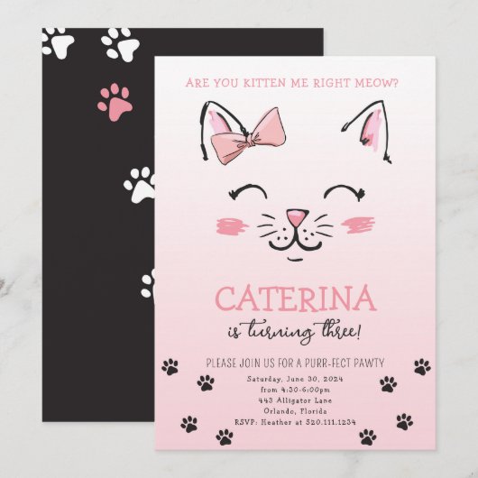 Invitation d'anniversaire pour chaton (Devant / Derrière)